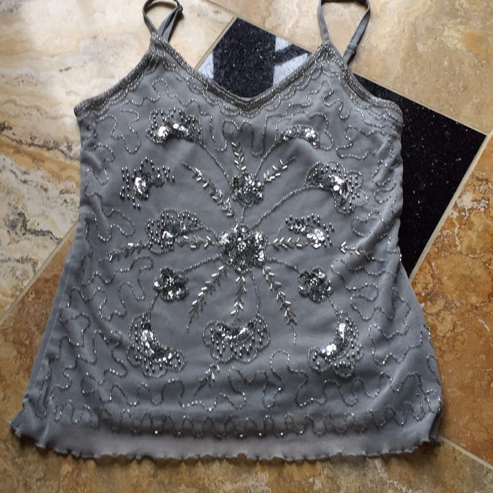 Lapis silvery gray bead/sequin camisole ADJ. Strap